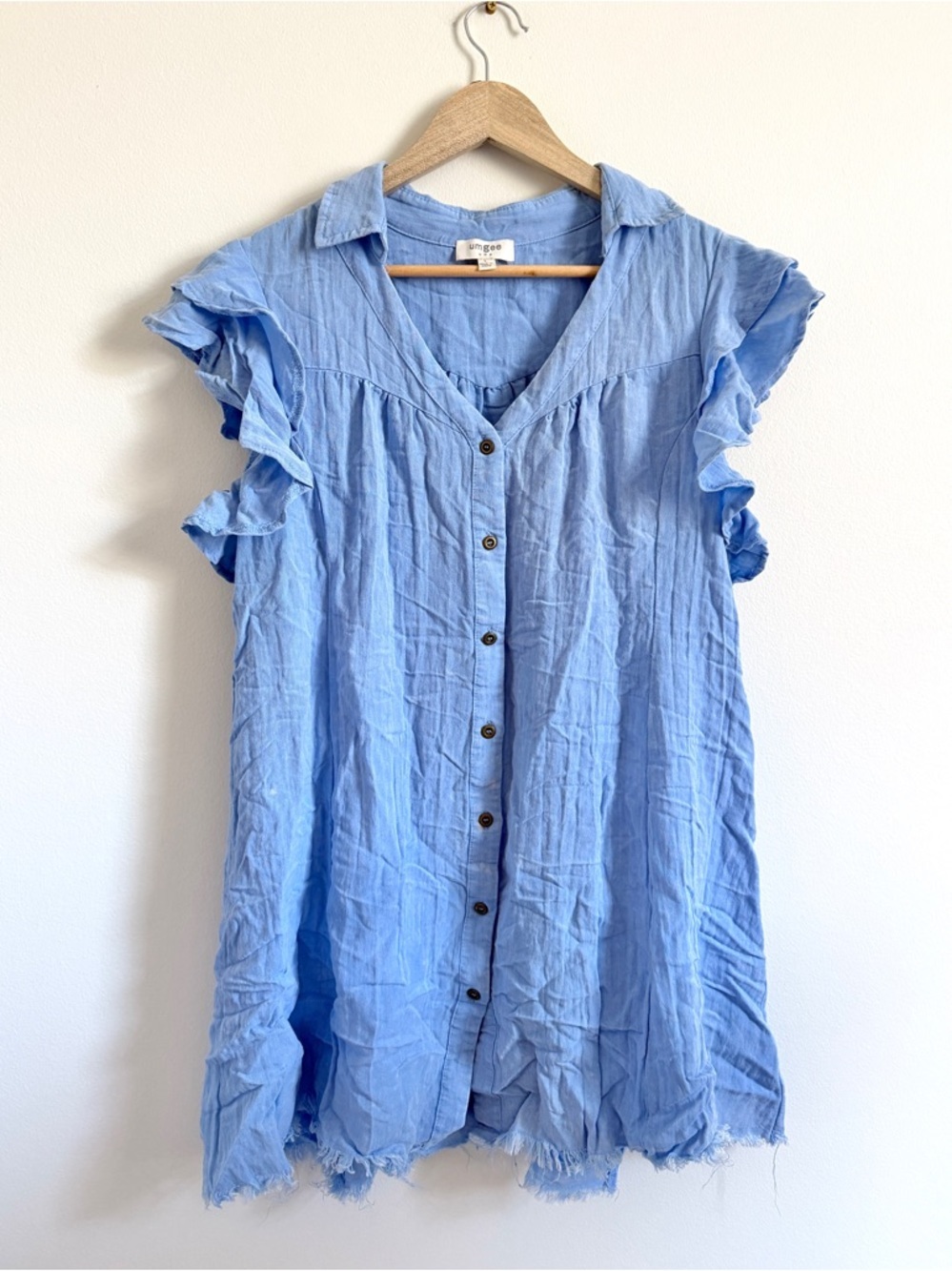 Umgee Button Up Shirt Dress Acid Wash Blue Size Large Summer Boho Western Ruffle